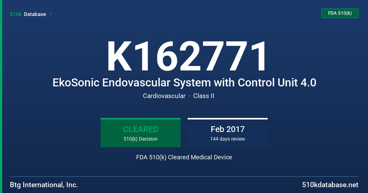 K162771 EkoSonic Endovascular System with Control Unit 4.0 FDA 510(k) Cleared Medical Device