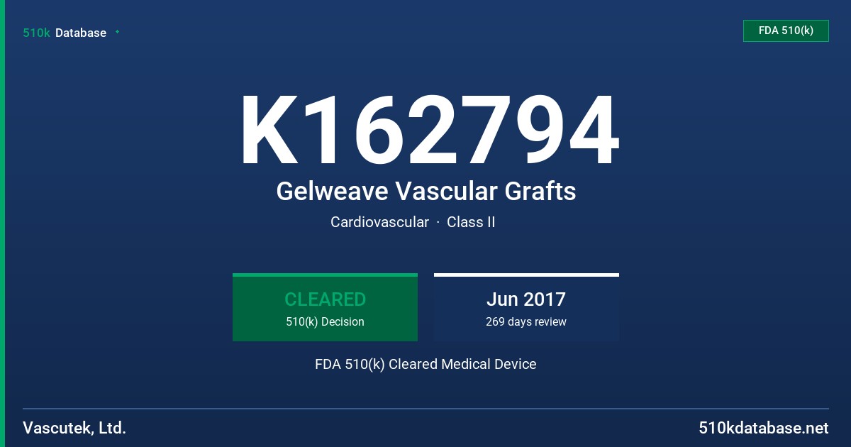 K162794 Gelweave Vascular Grafts FDA 510(k) Cleared Medical Device
