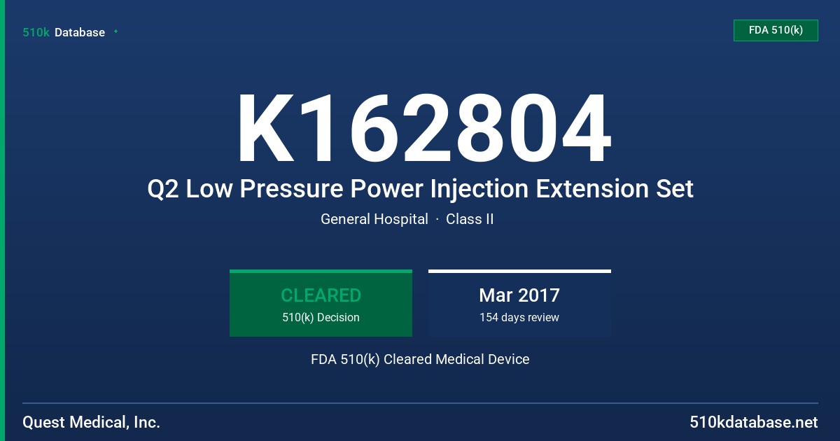 K162804 Q2 Low Pressure Power Injection Extension Set FDA 510(k) Cleared Medical Device