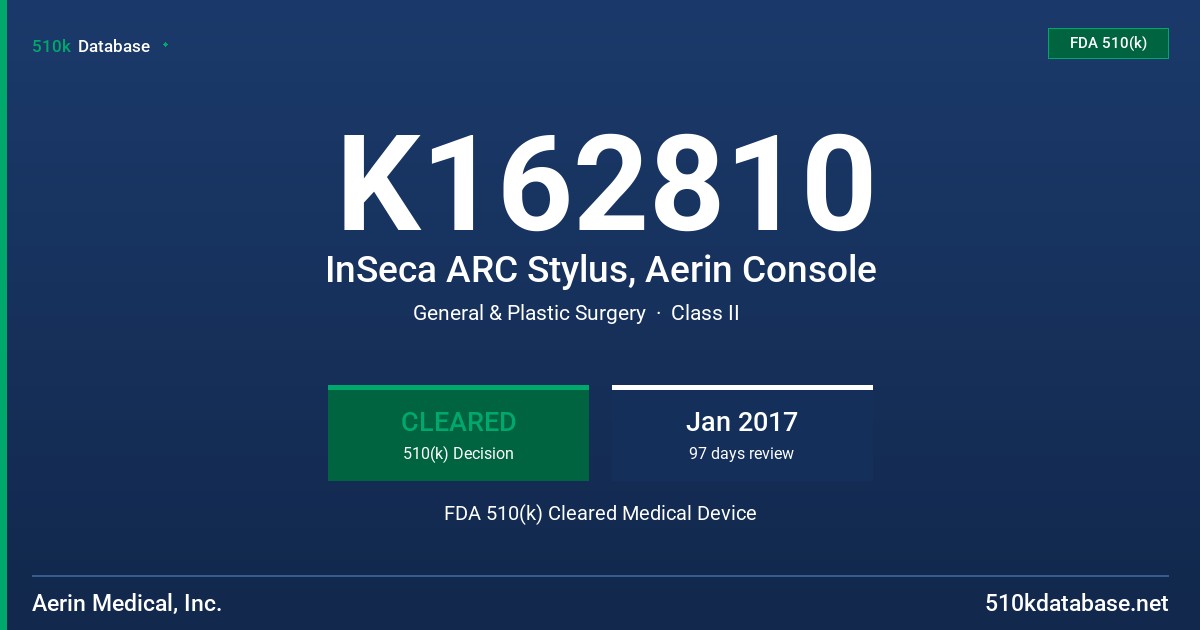 K162810 InSeca ARC Stylus, Aerin Console FDA 510(k) Cleared Medical Device