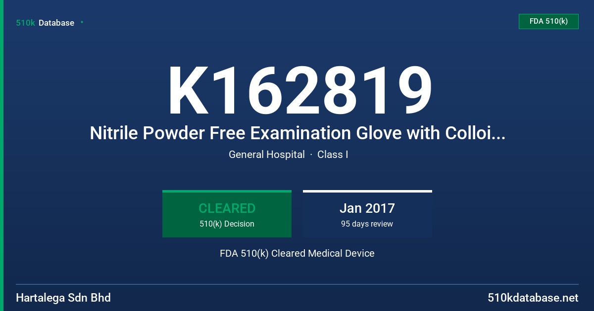 K162819 Nitrile Powder Free Examination Glove with Colloidal Oatmeal USP Tested for Use with Chemotherapy Drugs FDA 510(k) Cleared Medical Device