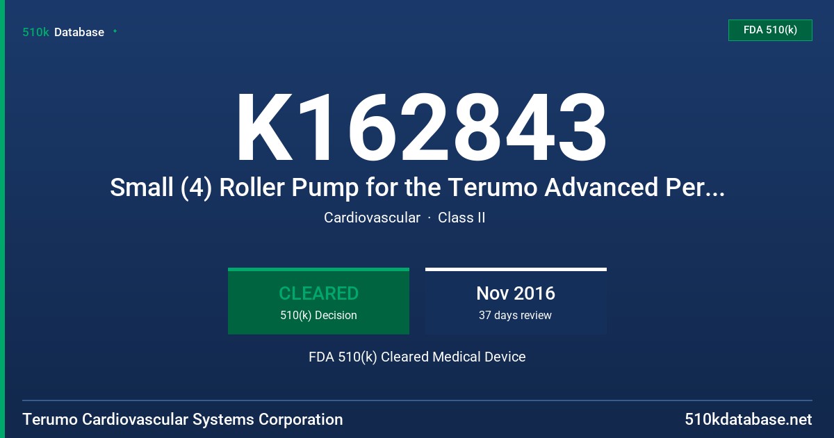 K162843 Small (4) Roller Pump for the Terumo Advanced Perfusion System 1, Large (6) Roller Pump for the Terumo Advanced Perfusion System 1 FDA 510(k) Cleared Medical Device