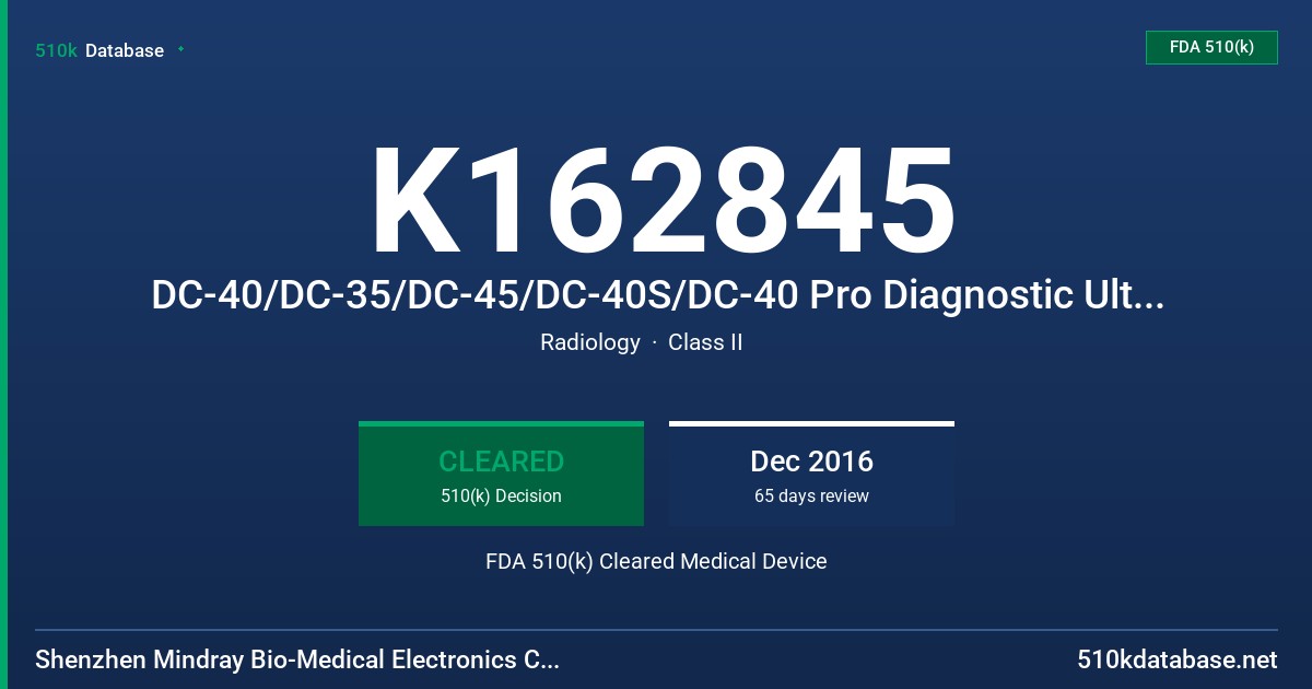 K162845 DC-40/DC-35/DC-45/DC-40S/DC-40 Pro Diagnostic Ultrasound System FDA 510(k) Cleared Medical Device