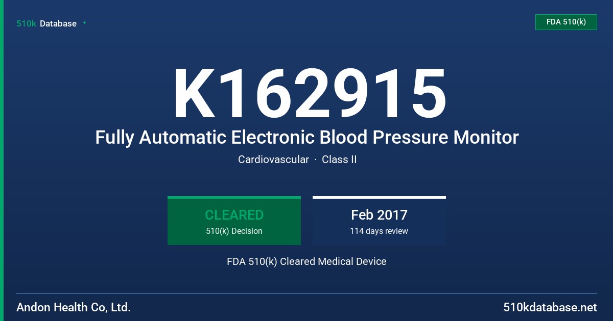 K162915 Fully Automatic Electronic Blood Pressure Monitor FDA 510(k) Cleared Medical Device