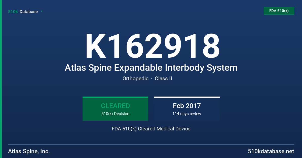 K162918 Atlas Spine Expandable Interbody System FDA 510(k) Cleared Medical Device