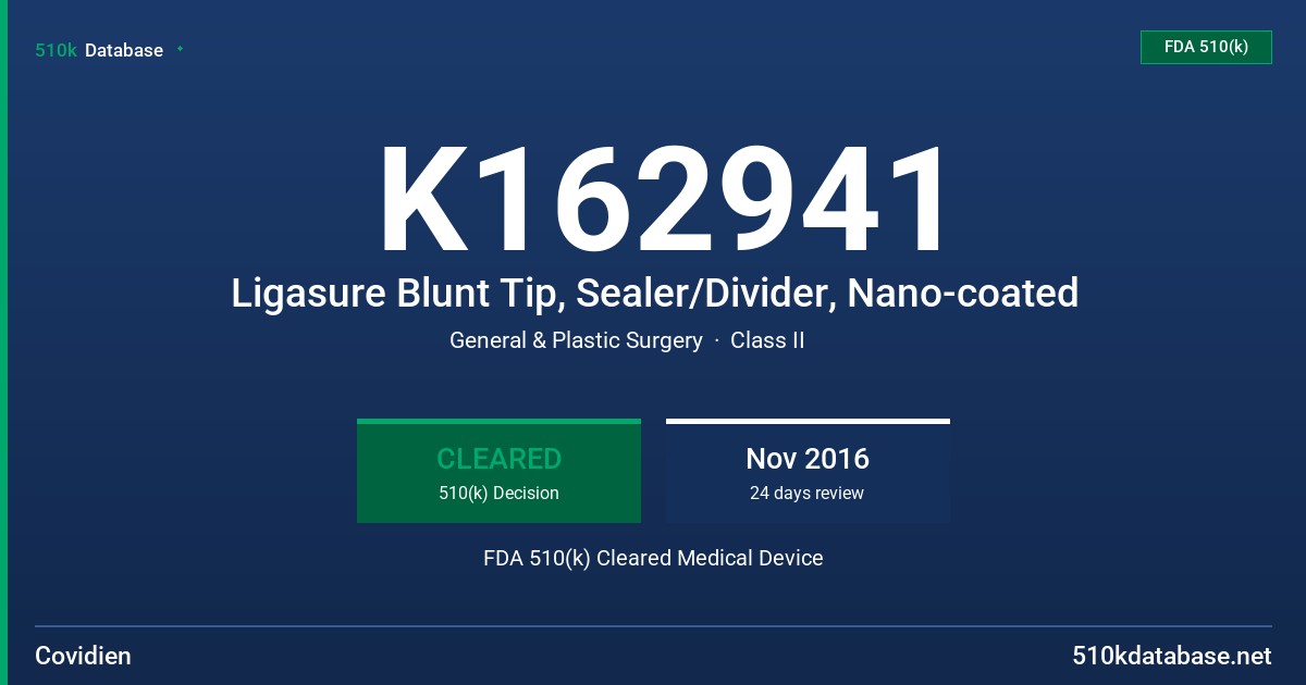 K162941 Ligasure Blunt Tip, Sealer/Divider, Nano-coated FDA 510(k) Cleared Medical Device