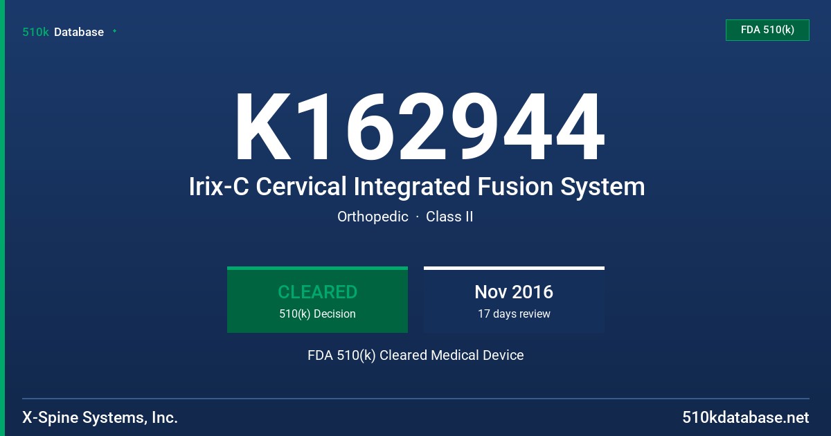 K162944 Irix-C Cervical Integrated Fusion System FDA 510(k) Cleared Medical Device