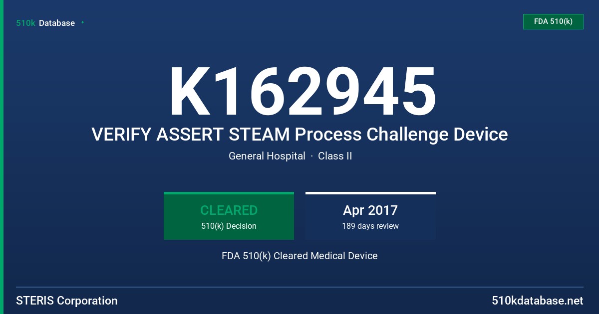 K162945 VERIFY ASSERT STEAM Process Challenge Device FDA 510(k) Cleared Medical Device