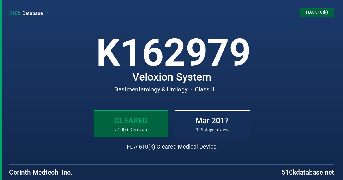 K162979 Veloxion System FDA 510(k) Cleared Medical Device