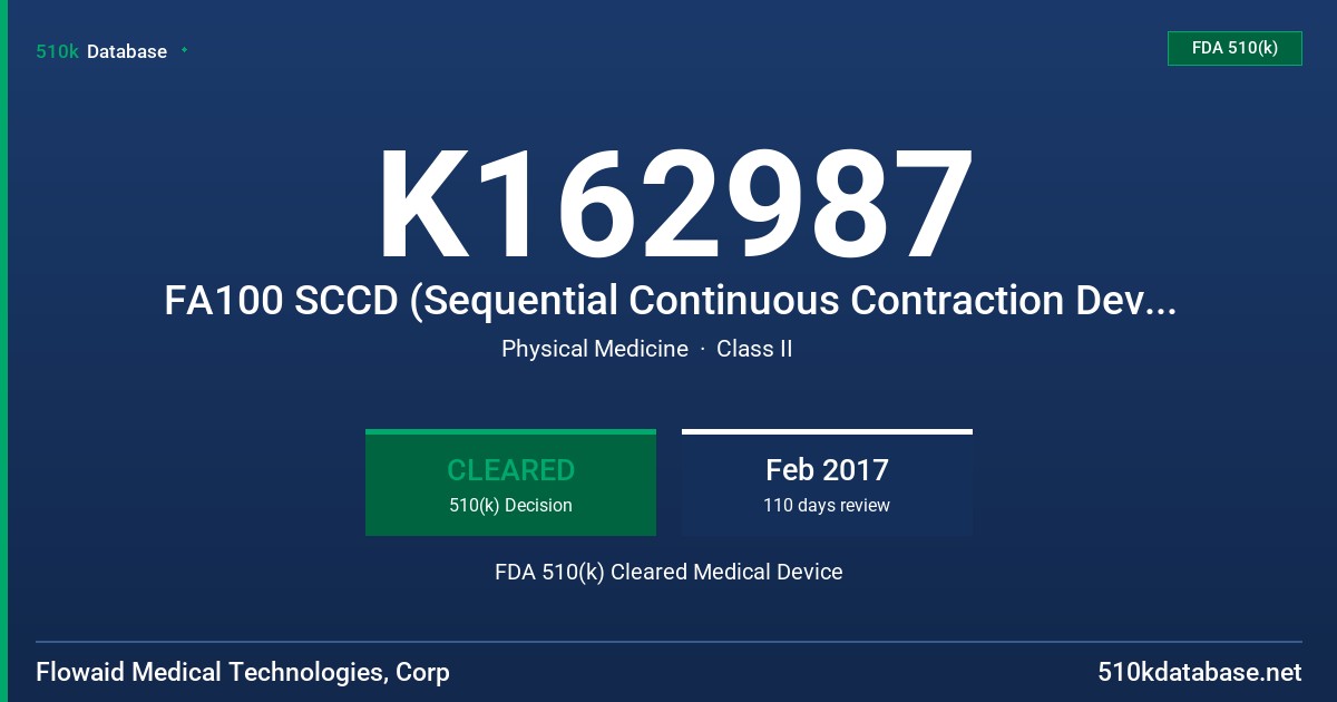 K162987 FA100 SCCD (Sequential Continuous Contraction Device) FDA 510(k) Cleared Medical Device