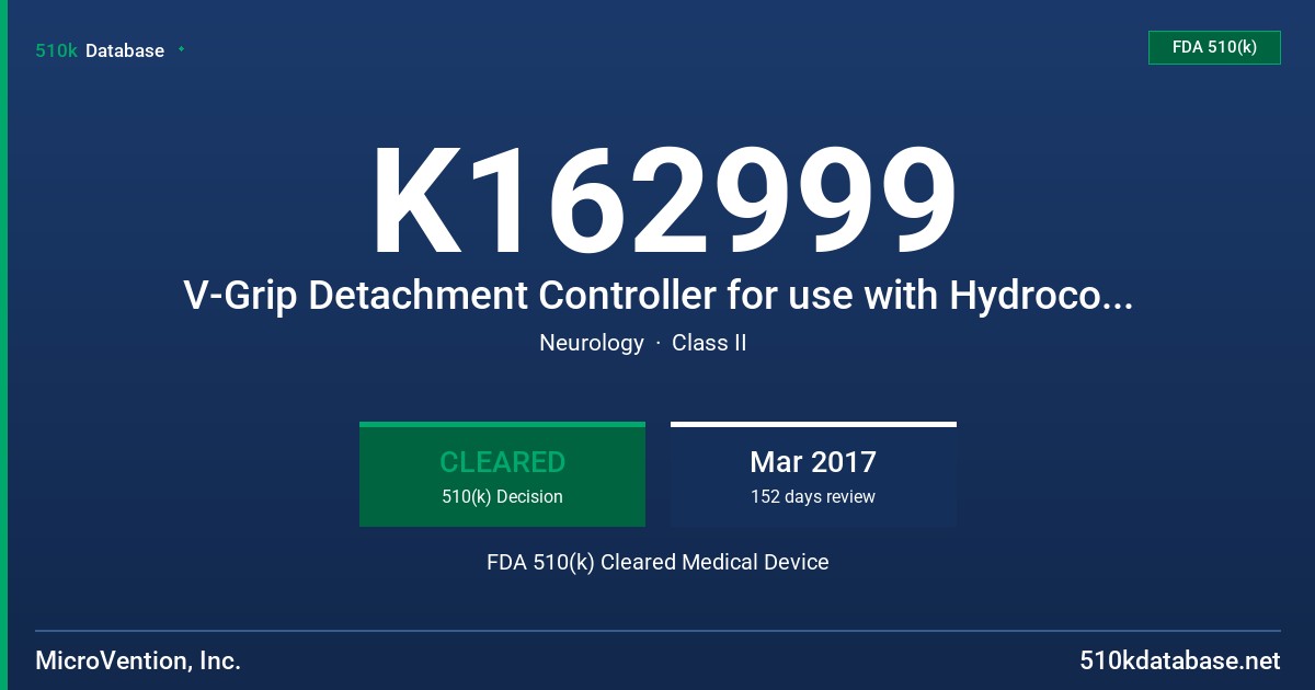 K162999 V-Grip Detachment Controller for use with Hydrocoil Embolic System and MicroPlex Coil System, AZUR Detachment Controller for use with AZUR Peripheral Coil System FDA 510(k) Cleared Medical Device