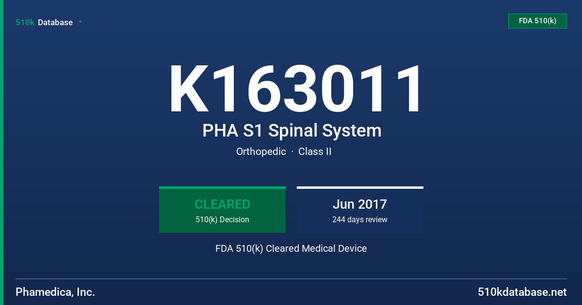 K163011 PHA S1 Spinal System FDA 510(k) Cleared Medical Device