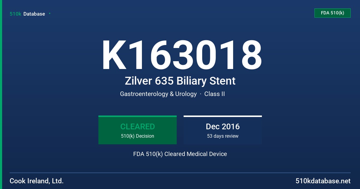 K163018 Zilver 635 Biliary Stent FDA 510(k) Cleared Medical Device