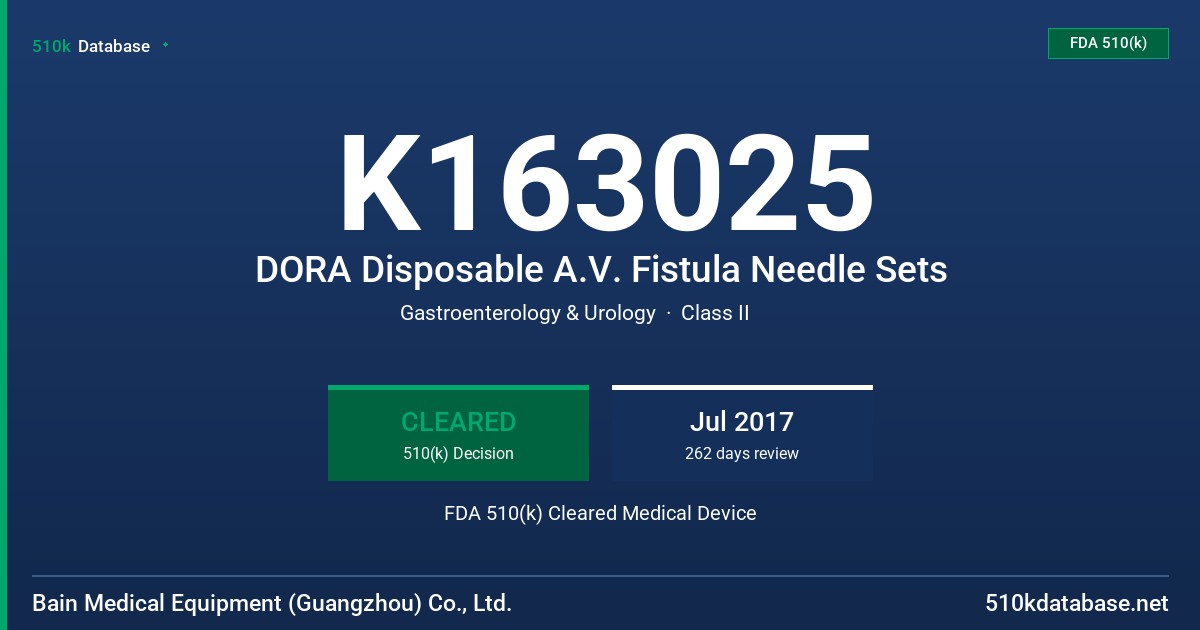 K163025 DORA Disposable A.V. Fistula Needle Sets FDA 510(k) Cleared Medical Device