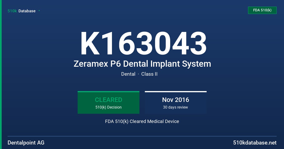 K163043 Zeramex P6 Dental Implant System FDA 510(k) Cleared Medical Device