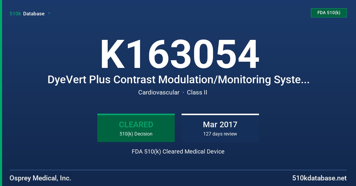 K163054 DyeVert Plus Contrast Modulation/Monitoring System, Contrast Monitoring System FDA 510(k) Cleared Medical Device