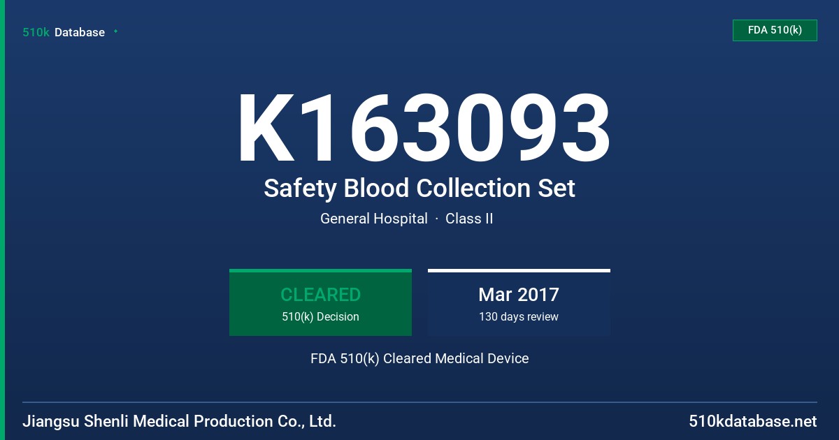 K163093 Safety Blood Collection Set FDA 510(k) Cleared Medical Device