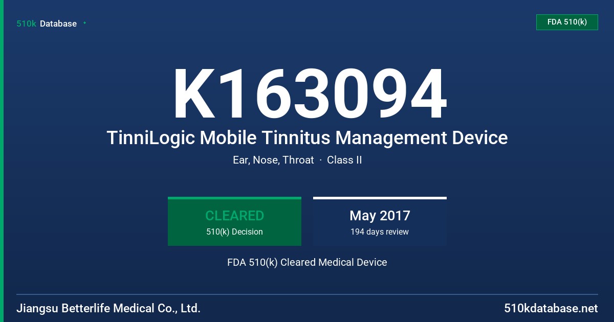 K163094 TinniLogic Mobile Tinnitus Management Device FDA 510(k) Cleared Medical Device