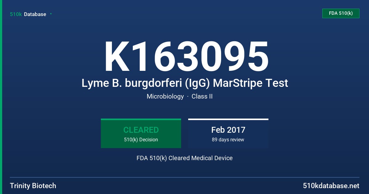 K163095 Lyme B. burgdorferi (IgG) MarStripe Test FDA 510(k) Cleared Medical Device