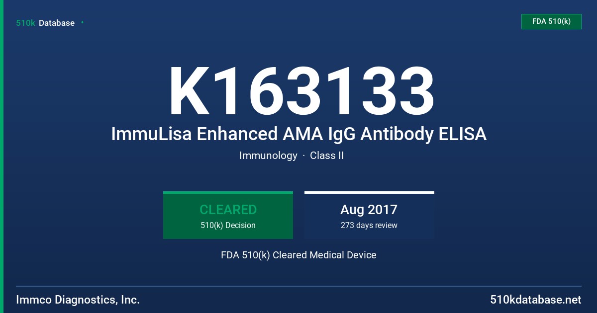 K163133 ImmuLisa Enhanced AMA IgG Antibody ELISA FDA 510(k) Cleared Medical Device