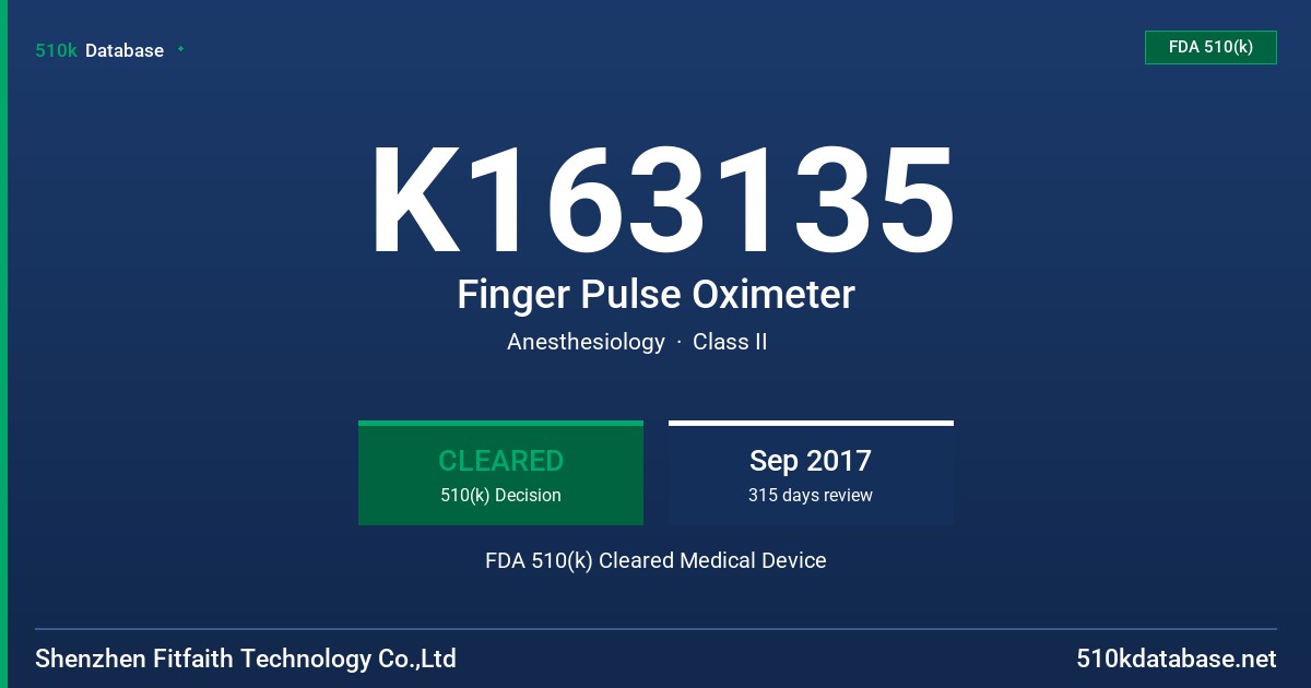 K163135 Finger Pulse Oximeter FDA 510(k) Cleared Medical Device