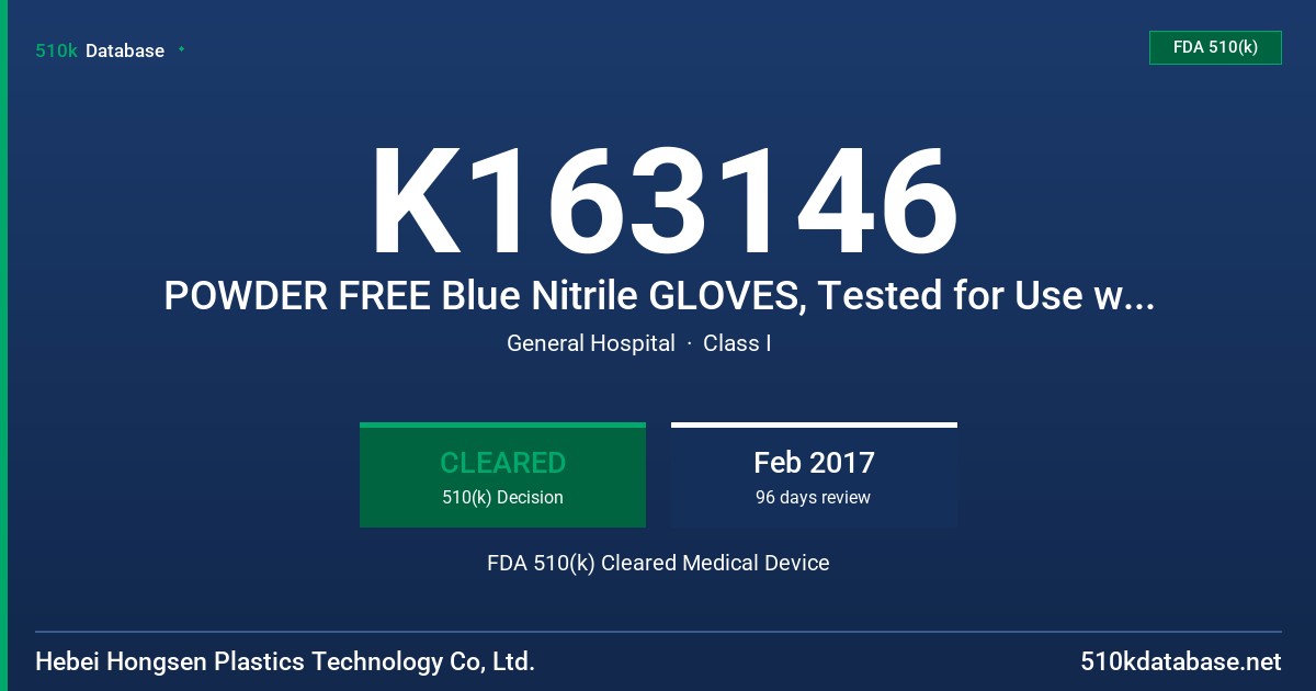 K163146 POWDER FREE Blue Nitrile GLOVES, Tested for Use with Chemotherapy Drugs FDA 510(k) Cleared Medical Device