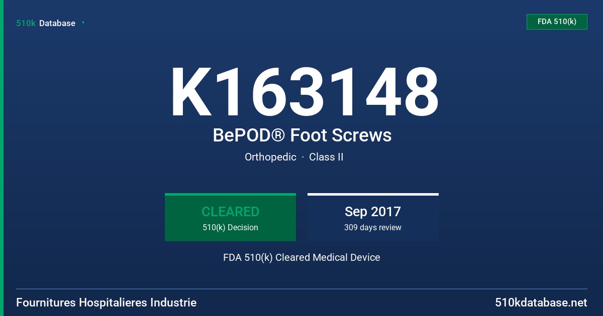 K163148 BePOD® Foot Screws FDA 510(k) Cleared Medical Device