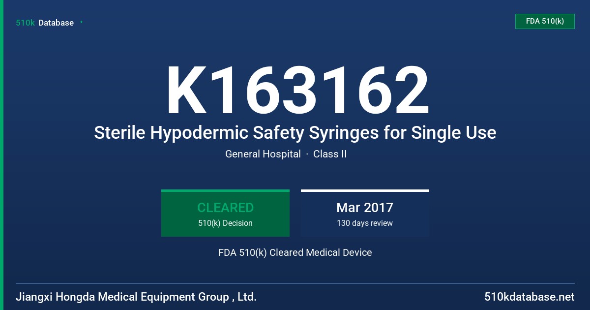 K163162 Sterile Hypodermic Safety Syringes for Single Use FDA 510(k) Cleared Medical Device