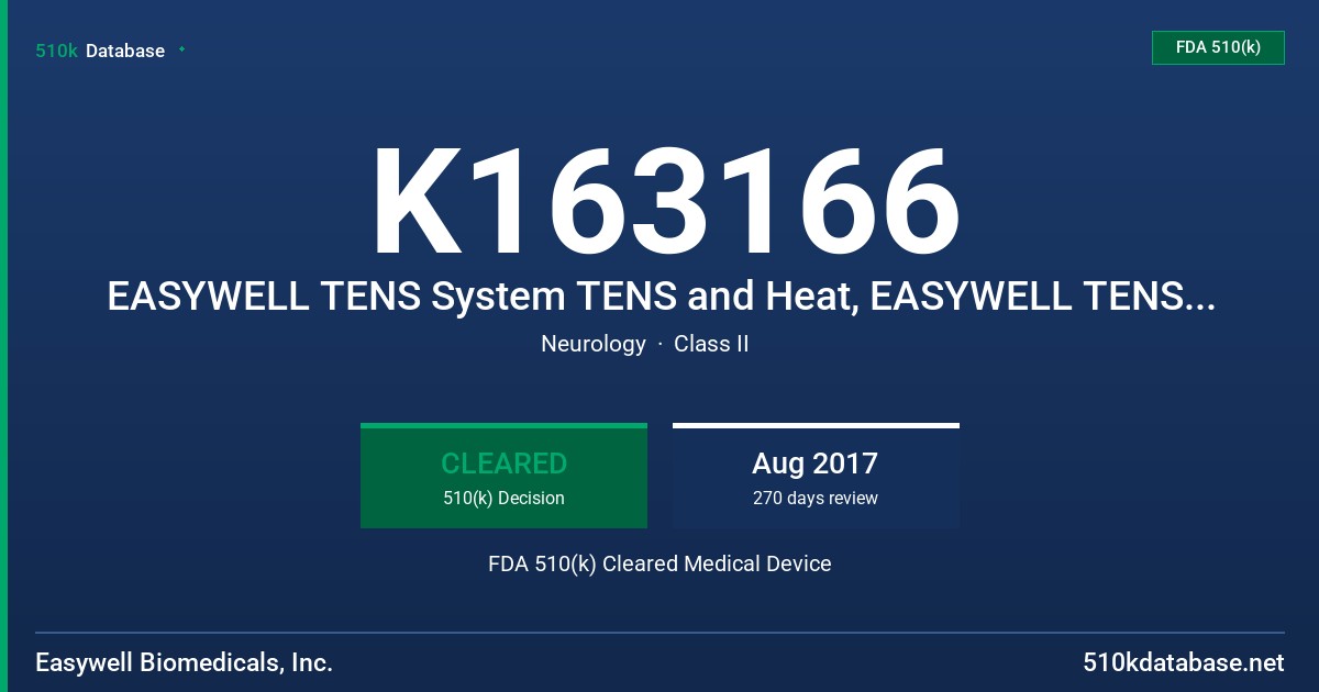 K163166 EASYWELL TENS System TENS and Heat, EASYWELL TENS System TENS only FDA 510(k) Cleared Medical Device
