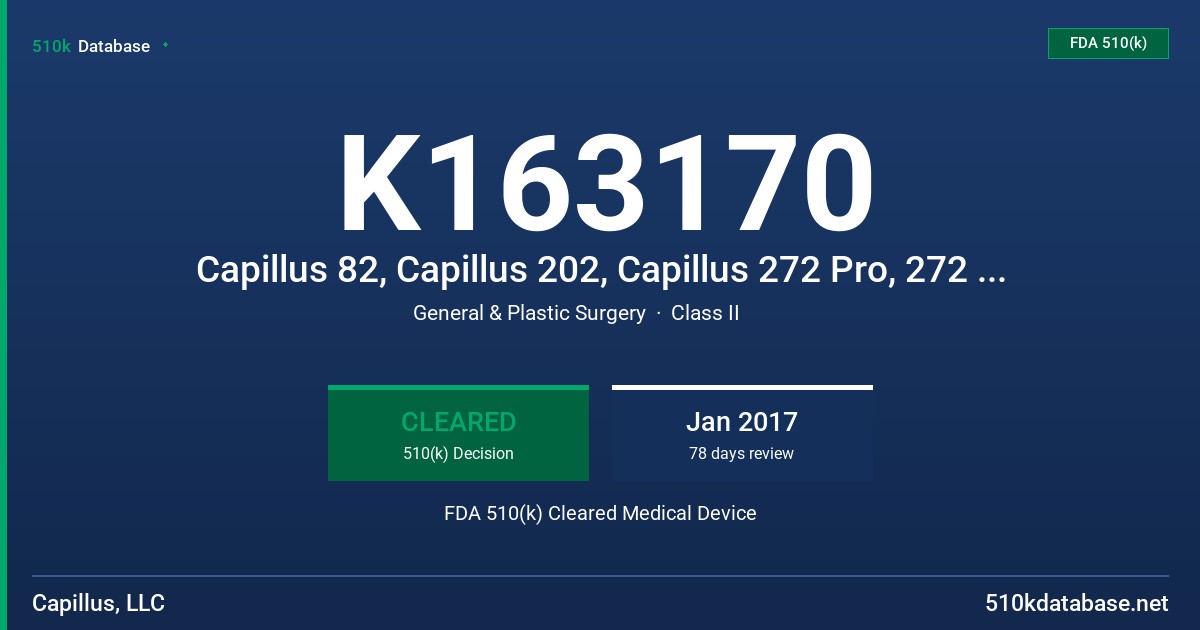 K163170 Capillus 82, Capillus 202, Capillus 272 Pro, 272 Office Pro, Capillus 302, Capillus 312, and Capillus 352 FDA 510(k) Cleared Medical Device