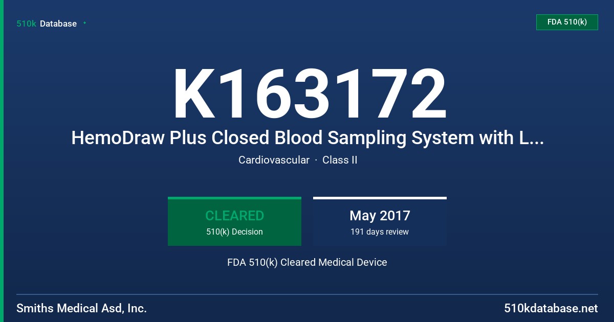 K163172 HemoDraw Plus Closed Blood Sampling System with LogiCal Transducer Kit, HemoDraw Plus Closed Blood Sampling System with Transtar Transducer Kit FDA 510(k) Cleared Medical Device