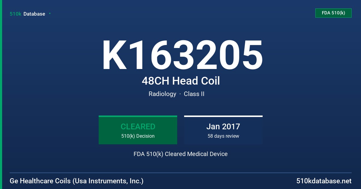 K163205 48CH Head Coil FDA 510(k) Cleared Medical Device