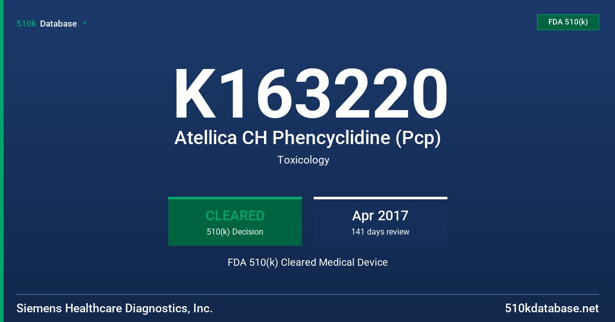 K163220 Atellica CH Phencyclidine (Pcp) FDA 510(k) Cleared Medical Device