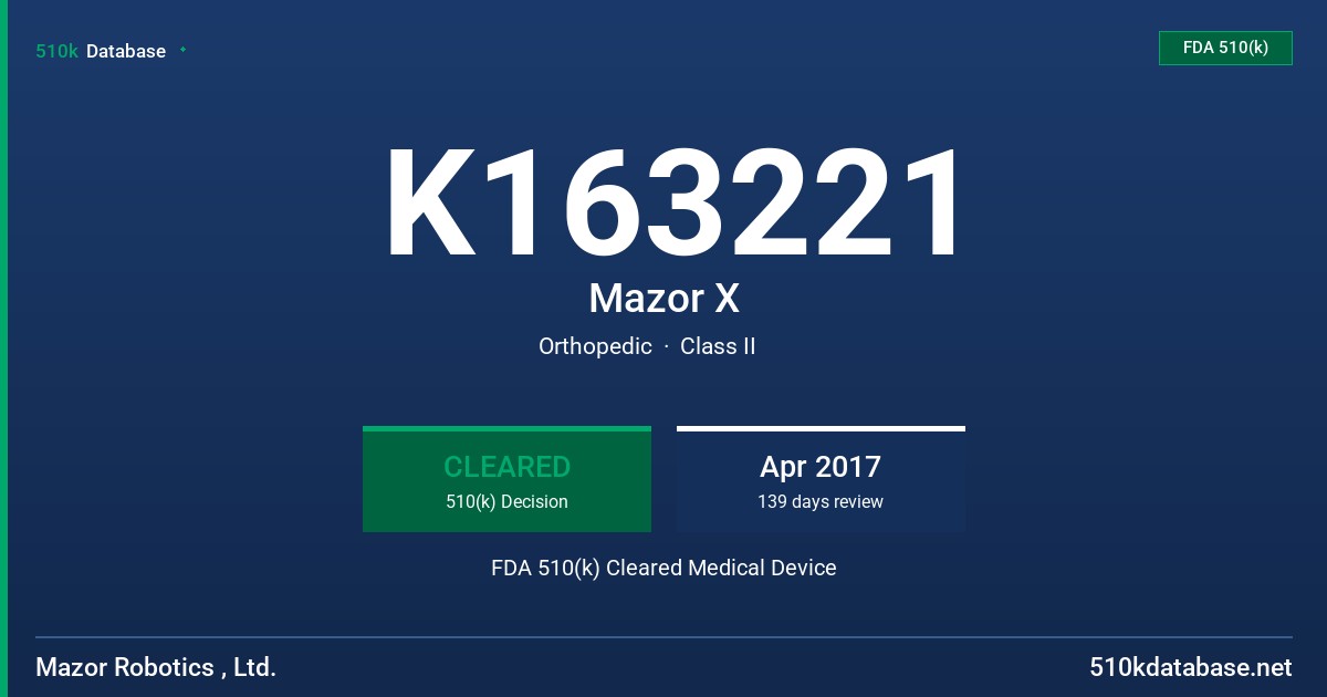K163221 Mazor X FDA 510(k) Cleared Medical Device