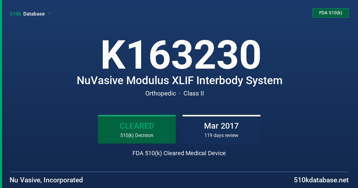 K163230 NuVasive Modulus XLIF Interbody System FDA 510(k) Cleared Medical Device