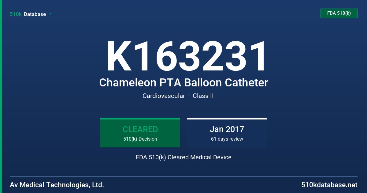 K163231 Chameleon PTA Balloon Catheter FDA 510(k) Cleared Medical Device