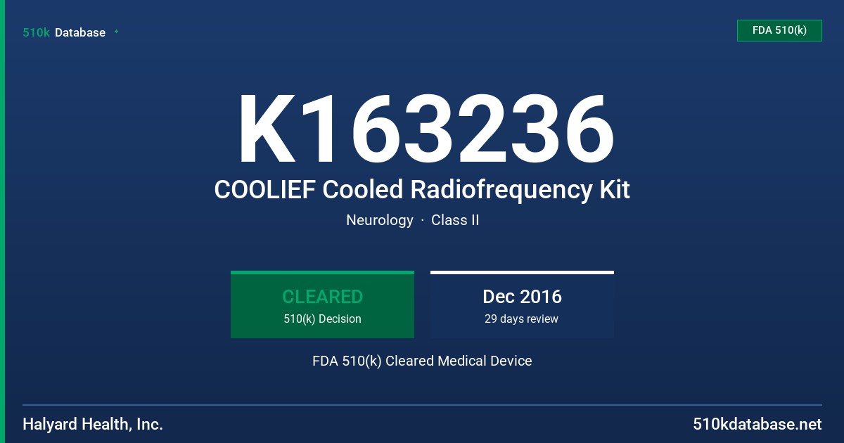 K163236 COOLIEF Cooled Radiofrequency Kit FDA 510(k) Cleared Medical Device