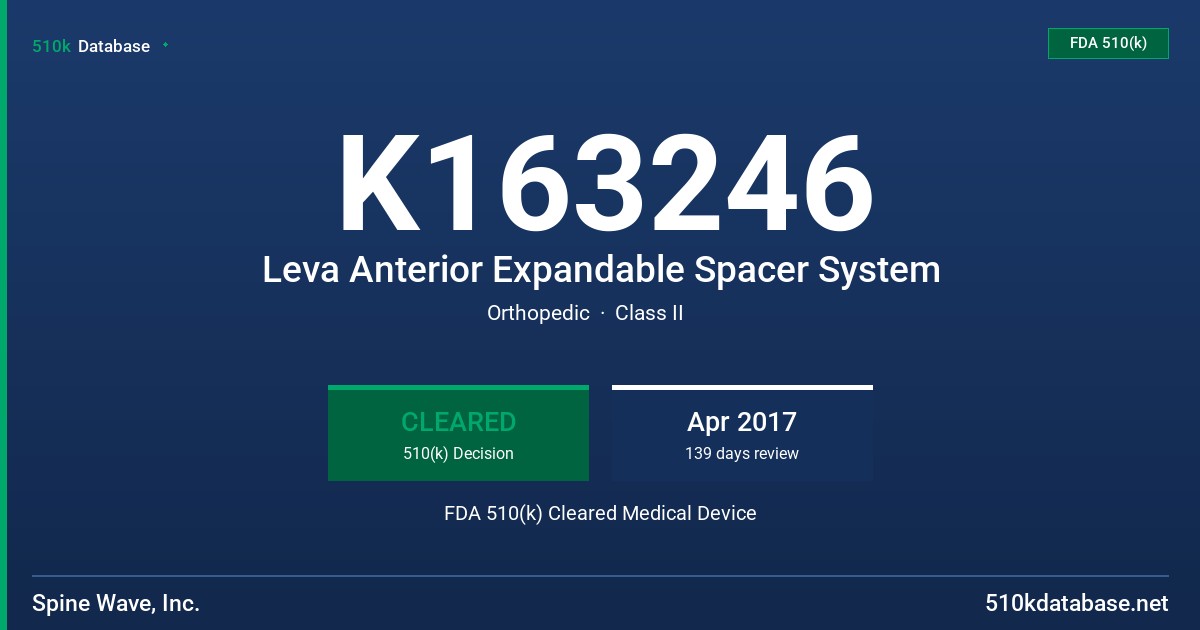 K163246 Leva Anterior Expandable Spacer System FDA 510(k) Cleared Medical Device