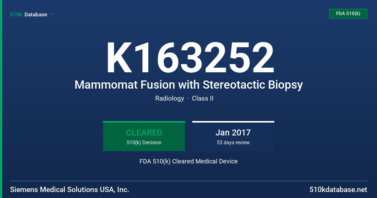 K163252 Mammomat Fusion with Stereotactic Biopsy FDA 510(k) Cleared Medical Device