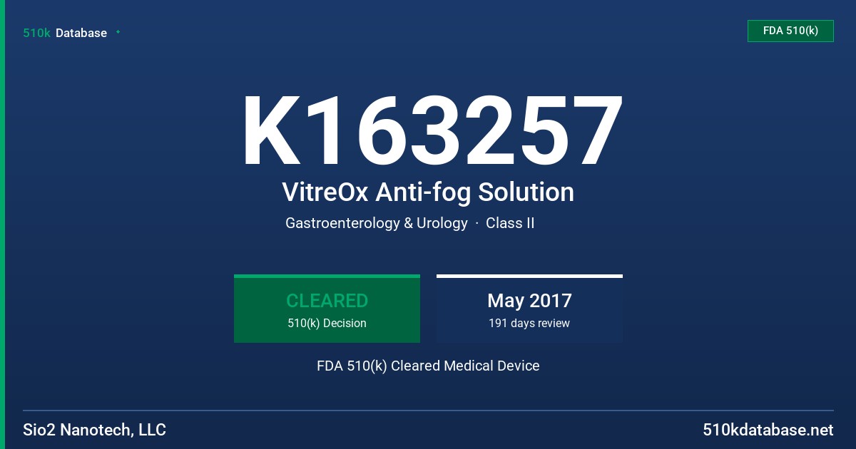 K163257 VitreOx Anti-fog Solution FDA 510(k) Cleared Medical Device