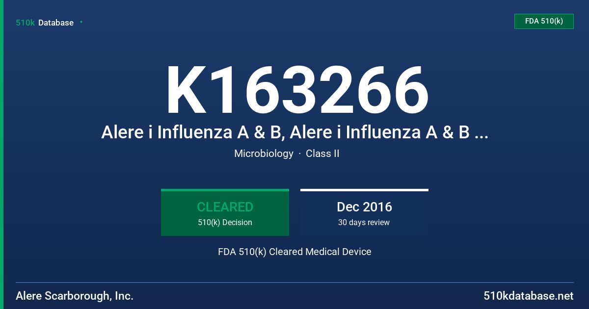 K163266 Alere i Influenza A & B, Alere i Influenza A & B Control Swab Kit, Alere i Instrument FDA 510(k) Cleared Medical Device