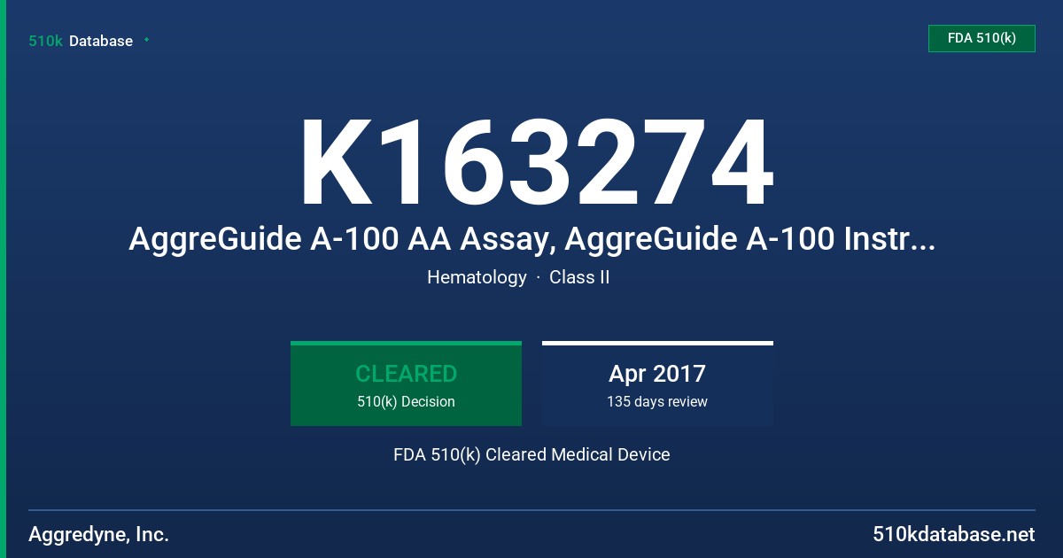K163274 AggreGuide A-100 AA Assay, AggreGuide A-100 Instrument FDA 510(k) Cleared Medical Device