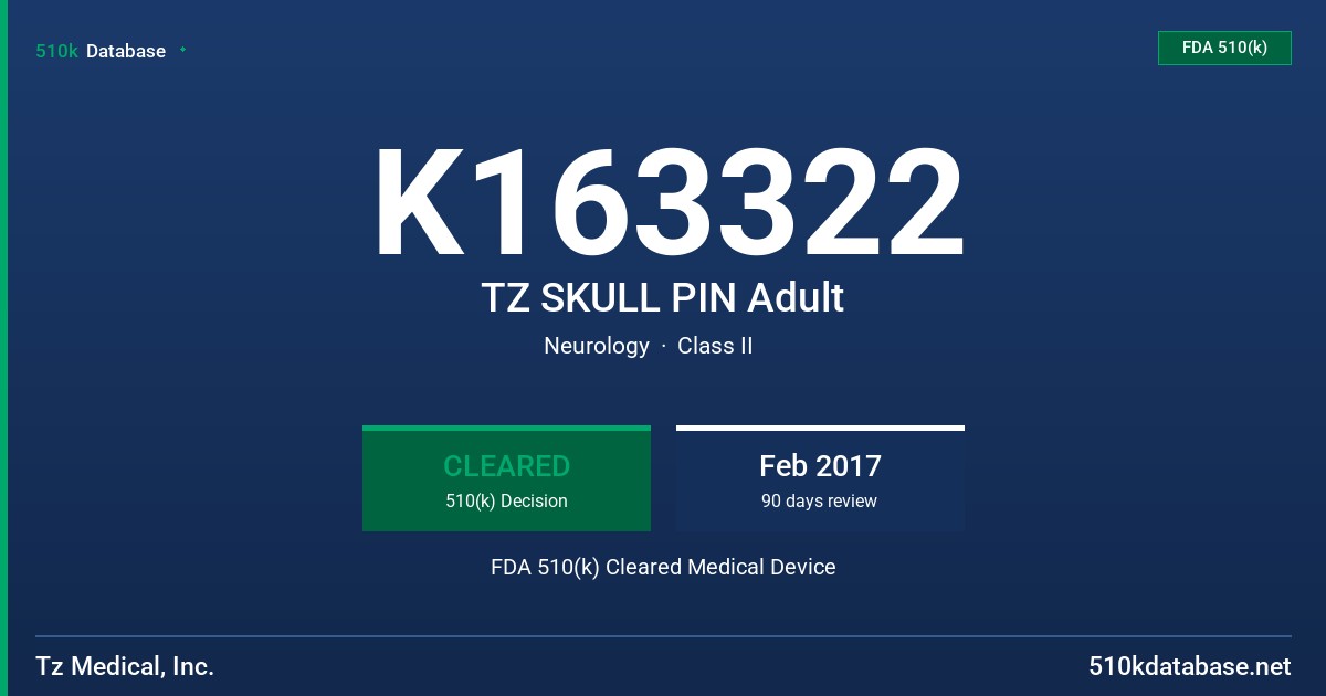 K163322 TZ SKULL PIN Adult FDA 510(k) Cleared Medical Device