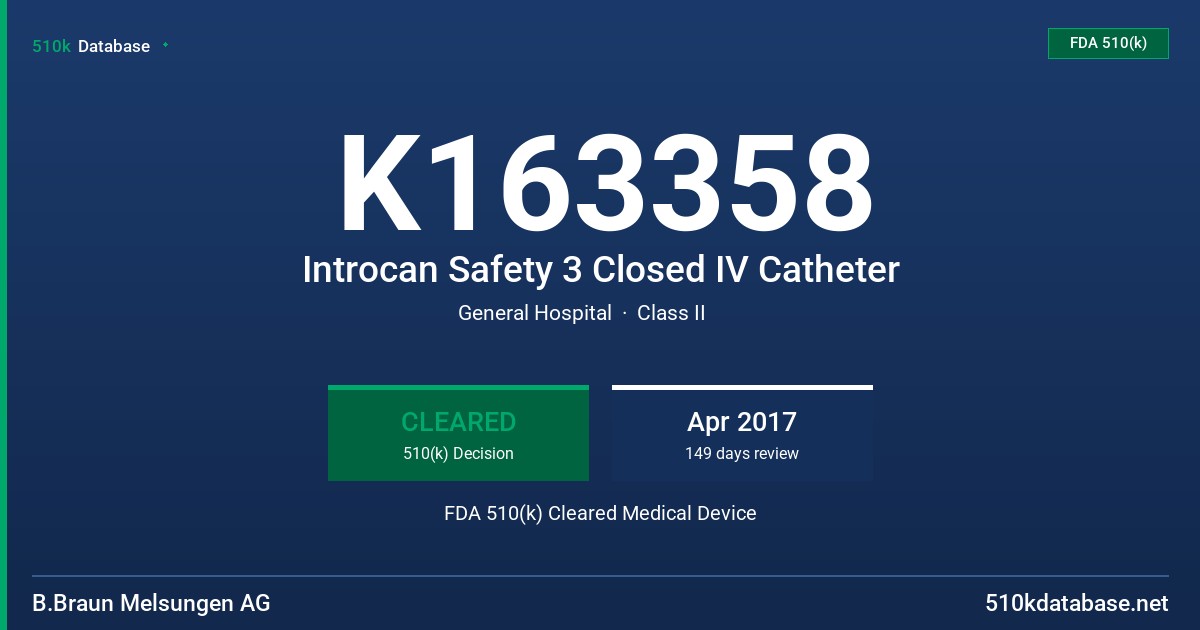 K163358 Introcan Safety 3 Closed IV Catheter FDA 510(k) Cleared Medical Device