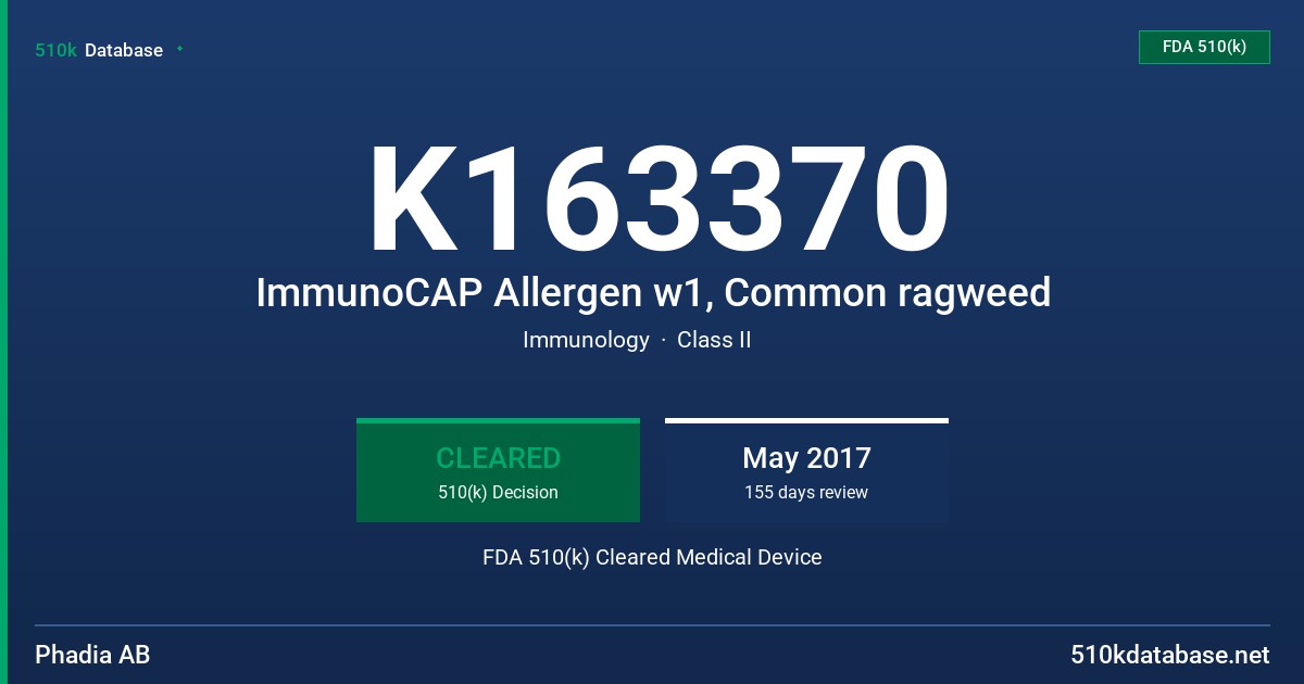 K163370 ImmunoCAP Allergen w1, Common ragweed FDA 510(k) Cleared Medical Device