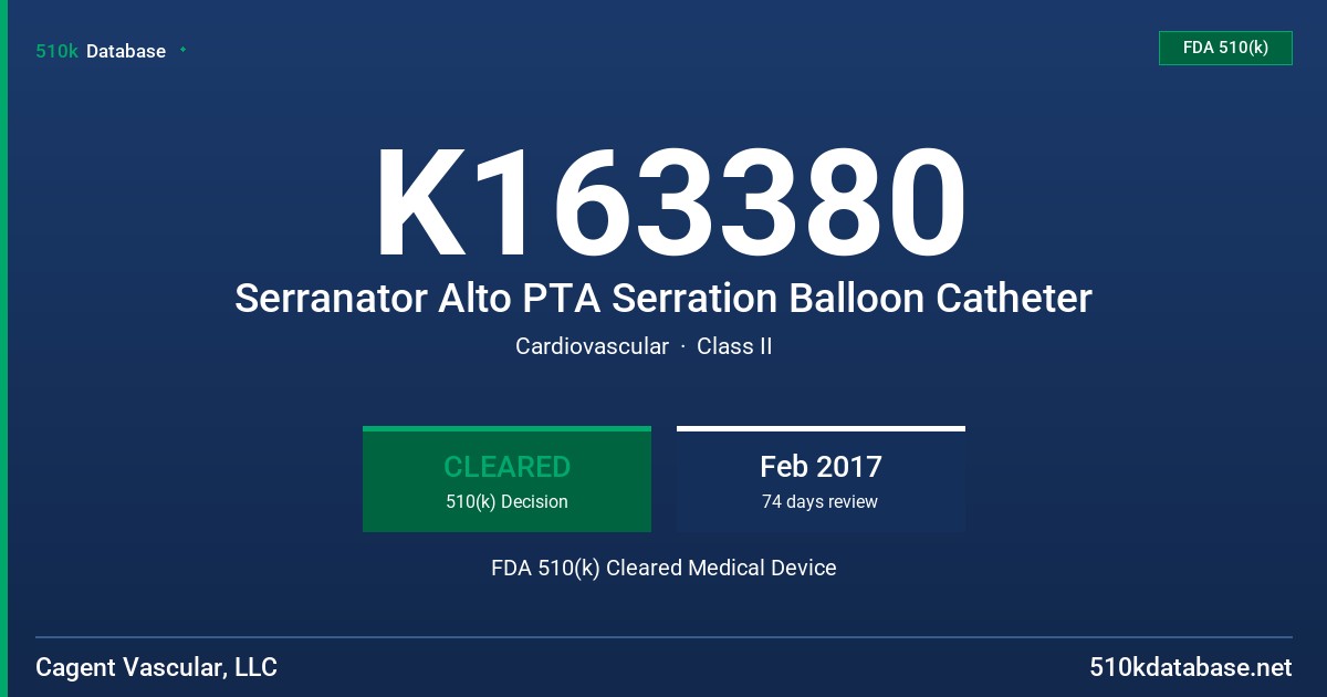K163380 Serranator Alto PTA Serration Balloon Catheter FDA 510(k) Cleared Medical Device
