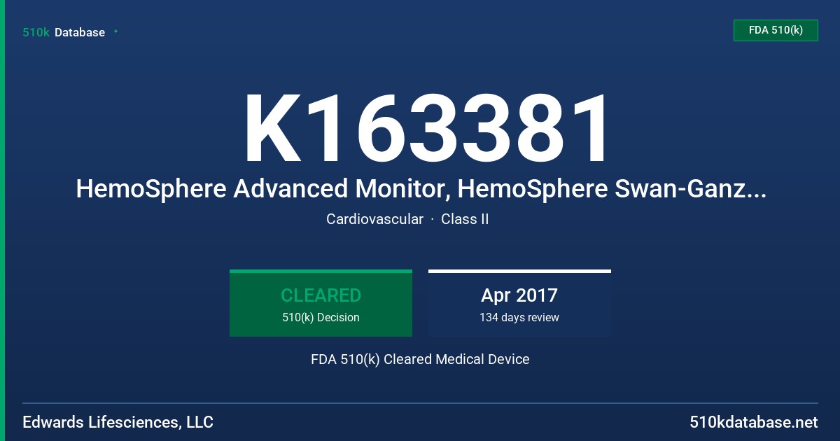 K163381 HemoSphere Advanced Monitor, HemoSphere Swan-Ganz Module, HemoSphere Oximetry Cable FDA 510(k) Cleared Medical Device
