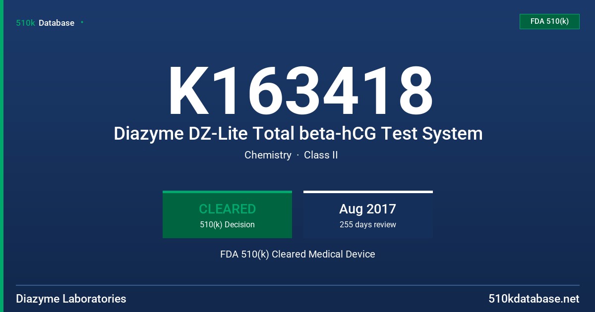 K163418 Diazyme DZ-Lite Total beta-hCG Test System FDA 510(k) Cleared Medical Device