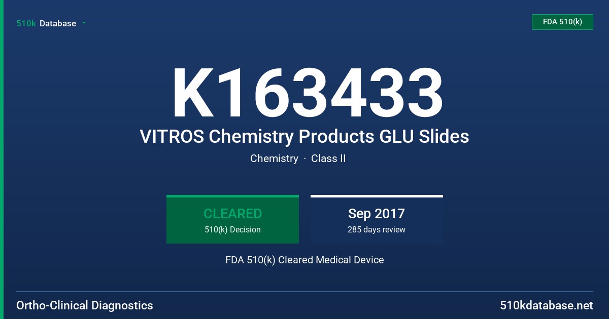 K163433 VITROS Chemistry Products GLU Slides FDA 510(k) Cleared Medical Device