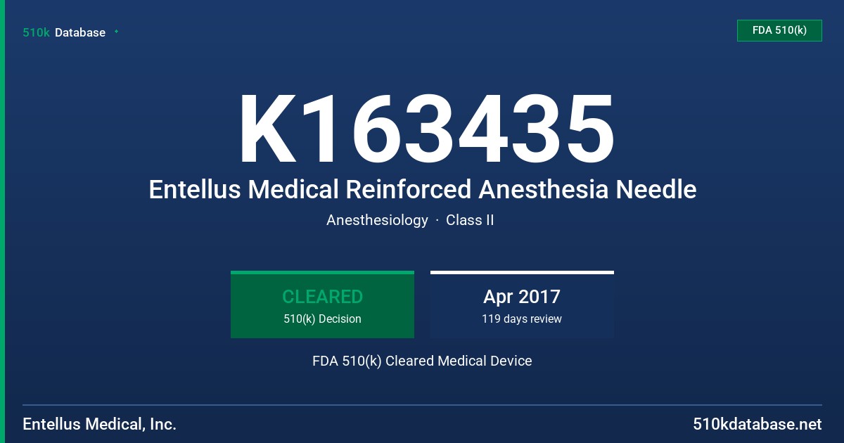 K163435 Entellus Medical Reinforced Anesthesia Needle FDA 510(k) Cleared Medical Device